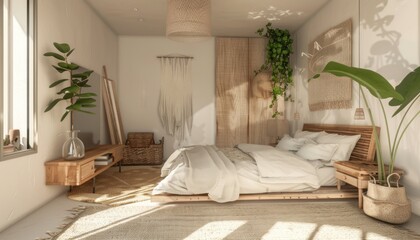 Sunlit Serenity: A Cozy Loft Bedroom Bathed in Soft Afternoon Glow. Generative AI