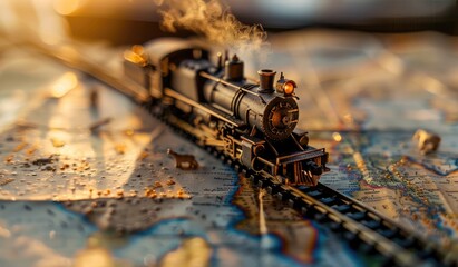 Toy train on a map travelling, close up shot, scenic, created with AI