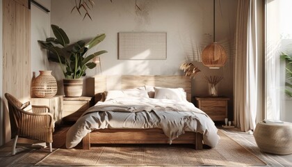 Sunlit Serenity: An Earthy, Cozy Bedroom Retreat with Natural Undertones. Generative AI