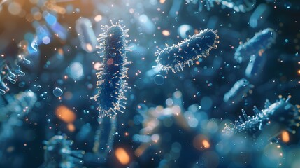 Fototapeta premium Bacteria, microwaiting in the air. The background is dark blue with light shining on it.