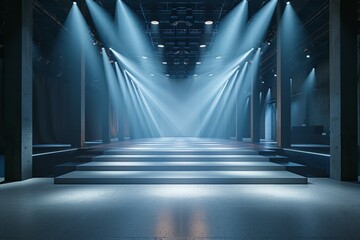 A large, empty stage with blue lights shining down on it. Fashion show catwalk or podium stage