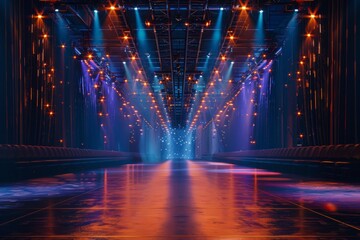 A long, empty stage with blue and orange lights. Fashion show catwalk or podium stage
