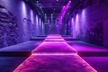 A long, narrow hallway with purple walls and a purple carpet. Fashion show catwalk or podium stage