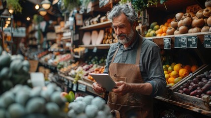 Senior greengrocer using digital tablet to manage inventory