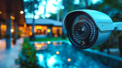 Closeup of an outdoor security camera to capture, monitor and detect movements around the residential area