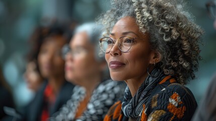 Thoughtful woman with gray hair wearing glasses looking away
