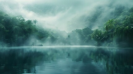 Fototapeta premium A calm lake surrounded by dense jungle, shrouded in mist and fog. The water reflects the lush greenery of rainforest trees on its surface. 