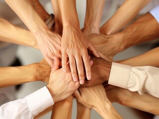 Photo of team building hands together, top view, office people.