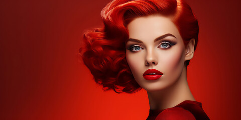 Fototapeta premium A beautiful woman poses with bright hair on a red background, her photorealistic renderings forming a pictorial.