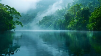 A calm lake surrounded by dense jungle, shrouded in mist and fog. The water reflects the lush greenery of rainforest trees on its surface. 