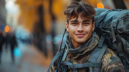 Fototapeta premium Young man with backpack in the city