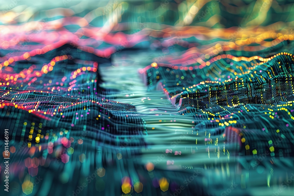 Poster a visualization of streaming data flows resembling a wave in a digital environment. generative ai