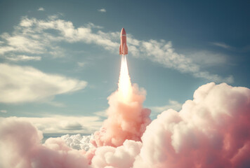 A rocket takes off from the clouds, its photorealistic renderings, cross-processing/processed, precisionism influence, humanistic approach apparent.