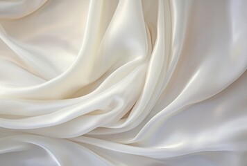 A white silk fabric has many folds, its soft femininity, shiny/glossy nature, and soft and dreamy atmosphere apparent.