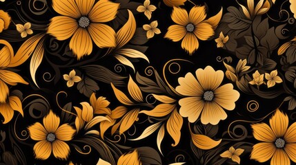 An ornamental floral background in orange, brown, and black vector features delicate flowers in a repeating pattern, colored in dark yellow and bronze.