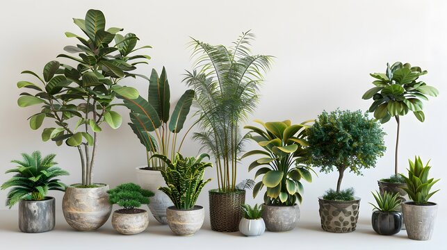 A collection of potted plants in various sizes and shapes, placed on the white background. include olive tree, fig plant, date palm tree, fiddle leaf fig tree, rubber plantation rainforest tree