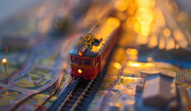 Toy train on a map travelling, close up shot, scenic, created with AI