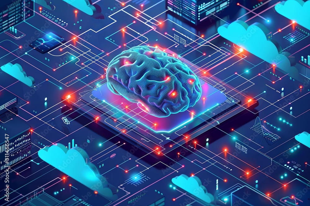 Poster a brain is placed on top of a computer circuit board, showcasing the integration of technology and i