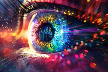 A detailed view of a human eyes multicolored iris under bright lights, showcasing intricate details and vibrant colors. Generative AI