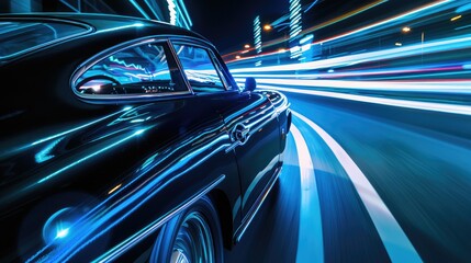 Long exposure photograph of blue car lights at night