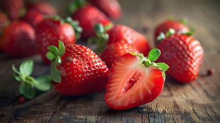 Strawberries on a wooden table, one cut in half, with other whole strawberries around it.