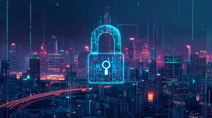 Conceptual graphic showing a secure digital environment with a virtual lock over a cityscape, representing protection of urban technological infrastructures against cyber threats
