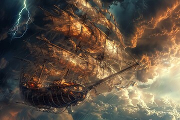 A pirate ship battles fierce waves and winds in a violent storm at sea. Generative AI