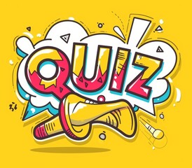 Word "QUIZ" of speech bubbles with text or megaphone icon and banner for question.