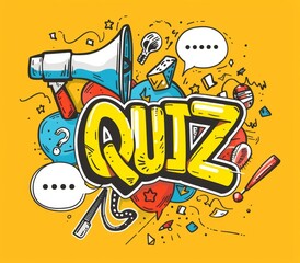 Word "QUIZ" of speech bubbles with text or megaphone icon and banner for question.