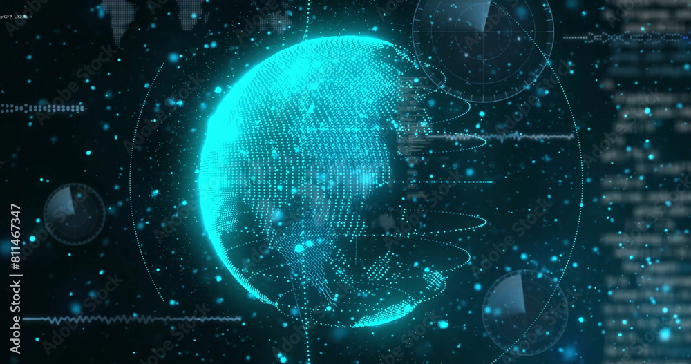 Poster image of circles around globe and computer language with dots over black background