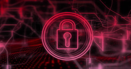 Image of padlock in circles and navigation pattern over black background