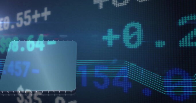 Image of multicolored trading board over electronic equipment and lines over abstract background