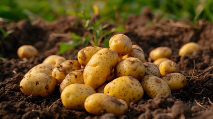 A pile of potatoes is scattered on the soil, which contains many yellow and brown potato fruits with small black spots on their skin. 