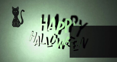 Image of happy halloween and black cat on light green background