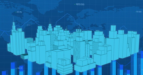 Image of financial data processing and world map over 3d cityscape drawing