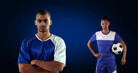 Image of diverse football players over black background