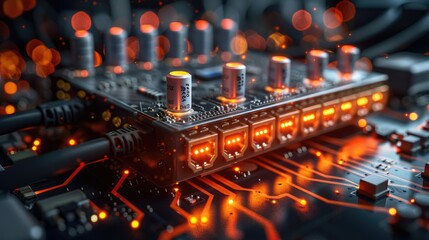 The image is of a close-up of an electronic circuit board with orange lights glowing on it.