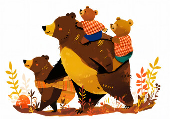 秋の野原を行く熊の家族
