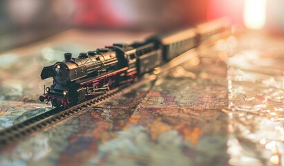 Toy train on a map travelling, close up shot, scenic, created with AI