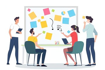 A diverse group of individuals gather around a table covered with sticky notes, engaged in a workshop or business discussion meeting. Generative AI