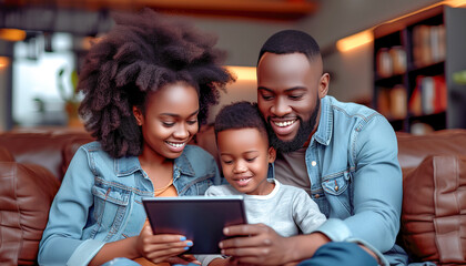 Fototapeta premium Happy family smiling with a tablet. Parents and son watching videos via tablet.