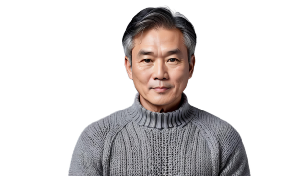 banner mature knitted background man copy sweater portrait grey space asian male studio looking 60s 50s adult confident person smiling young ethnic modern winter warm businessman beard lifestyle 1