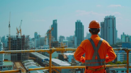 Back view engineer wearing safety helmet watching construction site