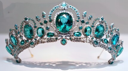 An intricate emerald and diamond tiara, with its large green jewels shining in the light on white background