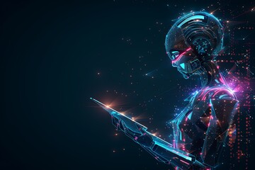 A futuristic woman holding a laptop in her hands, showcasing modern technology integration. Generative AI