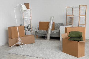 Moving boxes with wrapped furniture in living room
