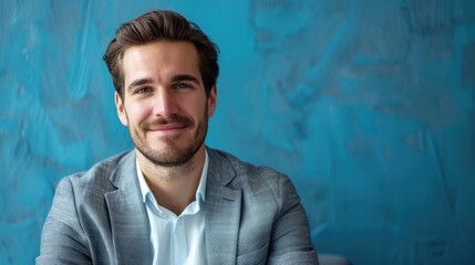 Portrait of a relaxed professional man posing and smiling in a blue setting - Powered by Adobe