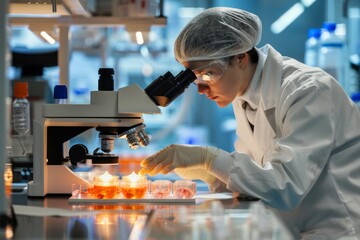 A biotechnologist monitoring cloned embryos in a petri dish under a microscope in a modern cloning lab