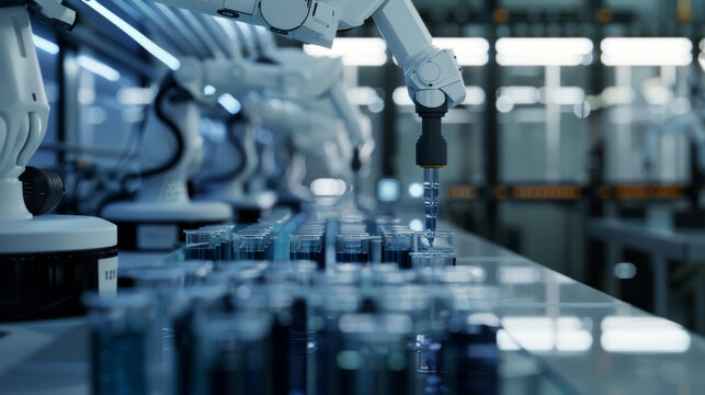 3D visualization of an advanced biotech assembly line where synthetic biological components for animals are constructed
