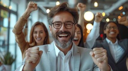 Cheerful diverse business team celebrating success with arms in the air